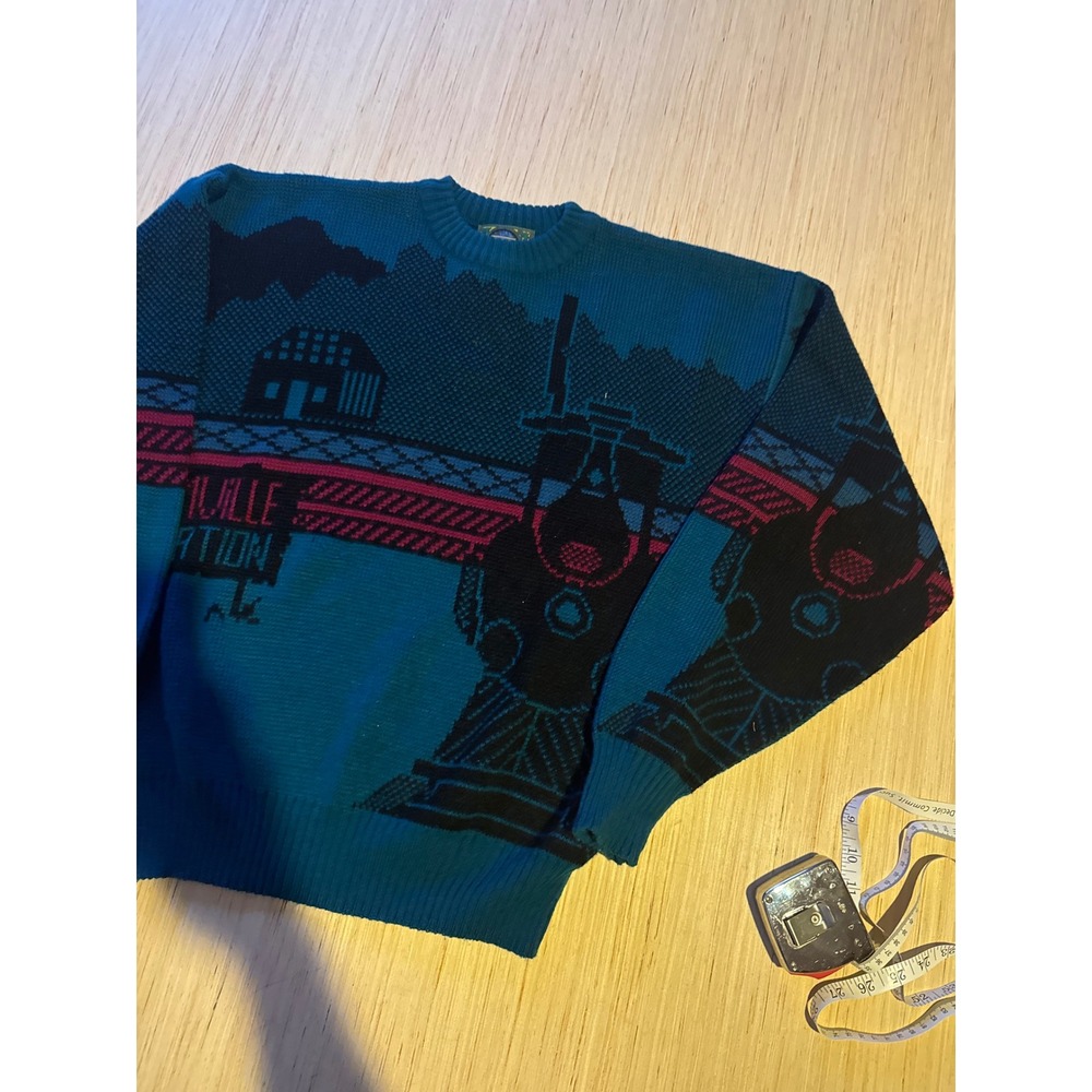 Vintage Weeds Elmville Station Train Graphic Sweater Teal Blue Mens Large
44